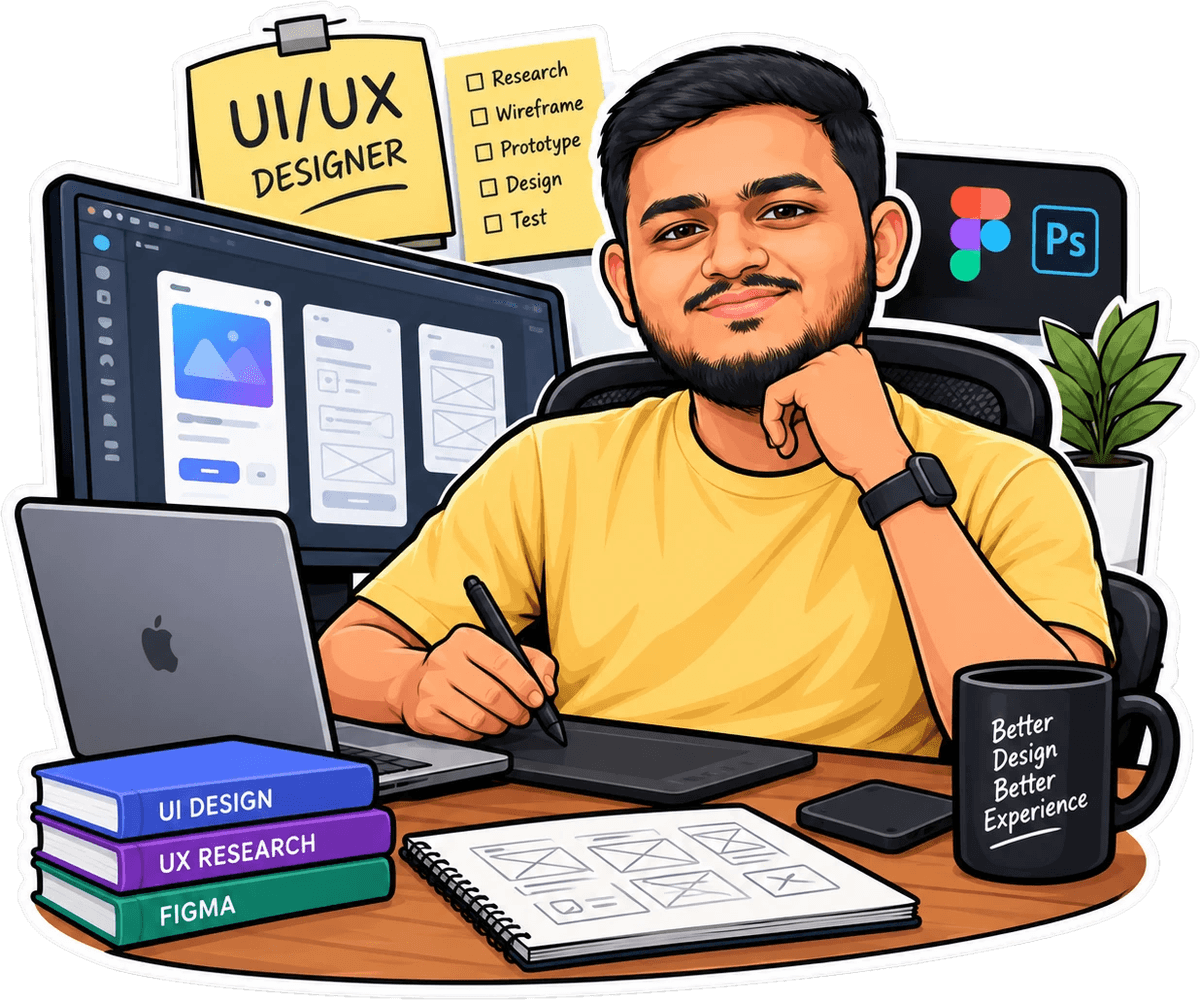 Illustration of Kamrul designing at his desk