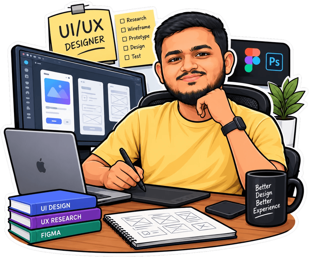 Illustration of Kamrul at his desk